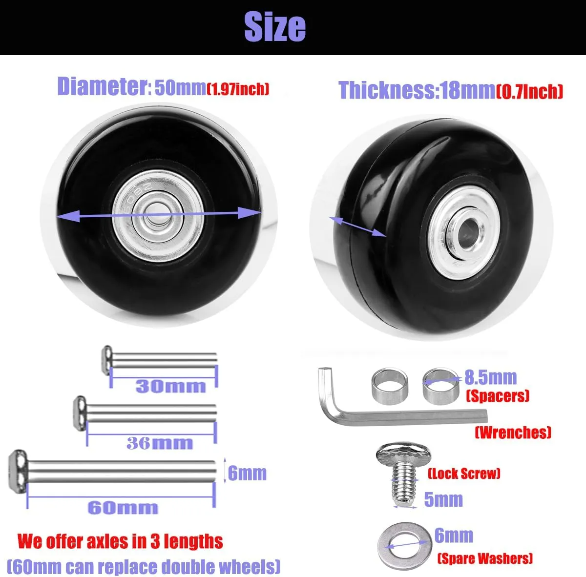 50mm x 18mm Luggage Suitcase Replacement Wheels, Rubber Swivel Caster Bearings Repair Kit - Set of 4 with 608ZZ Inline Skate Replacement Wheels & 3 Axles