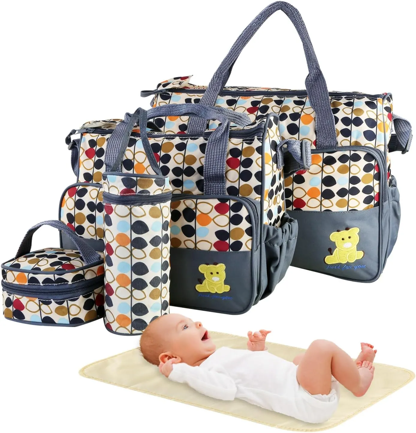 5PCS Baby Diaper Bag Set, baby nappy Handbag with Shoulder Strap, Portable Diaper Changing Bag for Mom Dad
