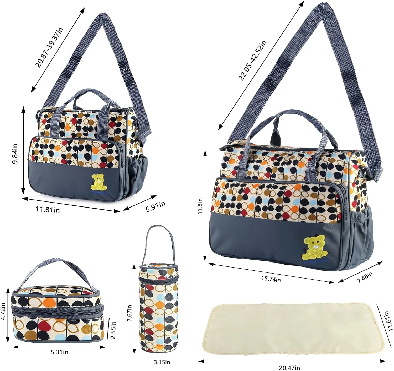 5PCS Baby Diaper Bag Set, baby nappy Handbag with Shoulder Strap, Portable Diaper Changing Bag for Mom Dad