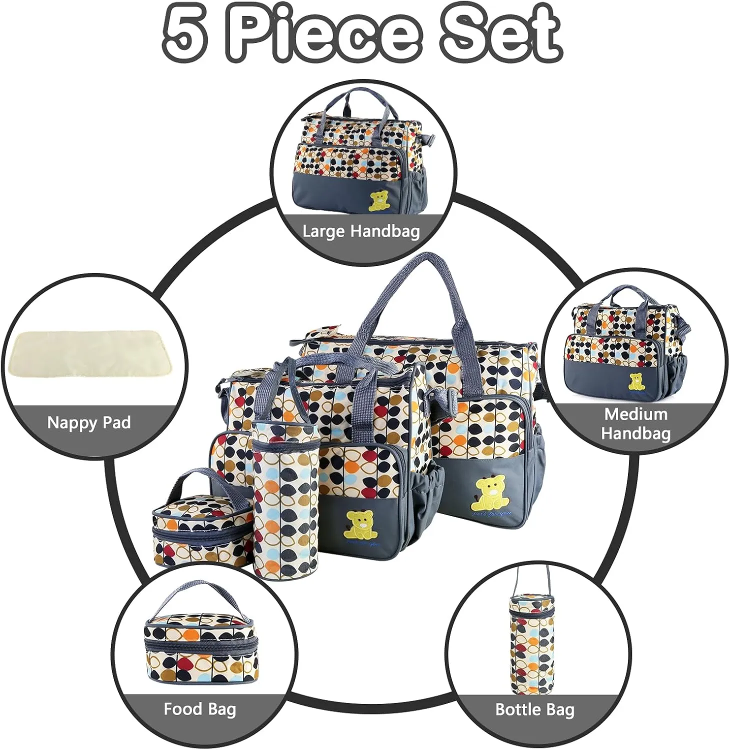 5PCS Baby Diaper Bag Set, baby nappy Handbag with Shoulder Strap, Portable Diaper Changing Bag for Mom Dad