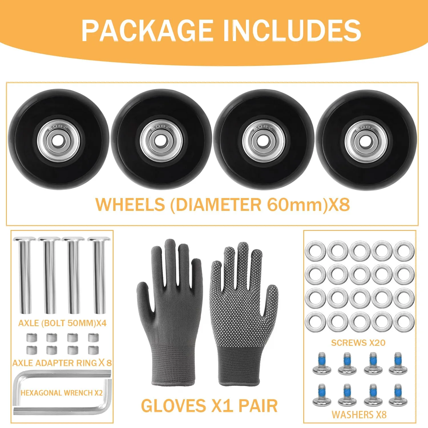 60mm x 14mm/2.36in x 0.55in Luggage Replacement Wheels Set 8Pcs Rubber Swivel Caster Wheels with 50mm Axles and Repair Kit for Luggage Bags Trolley Case
