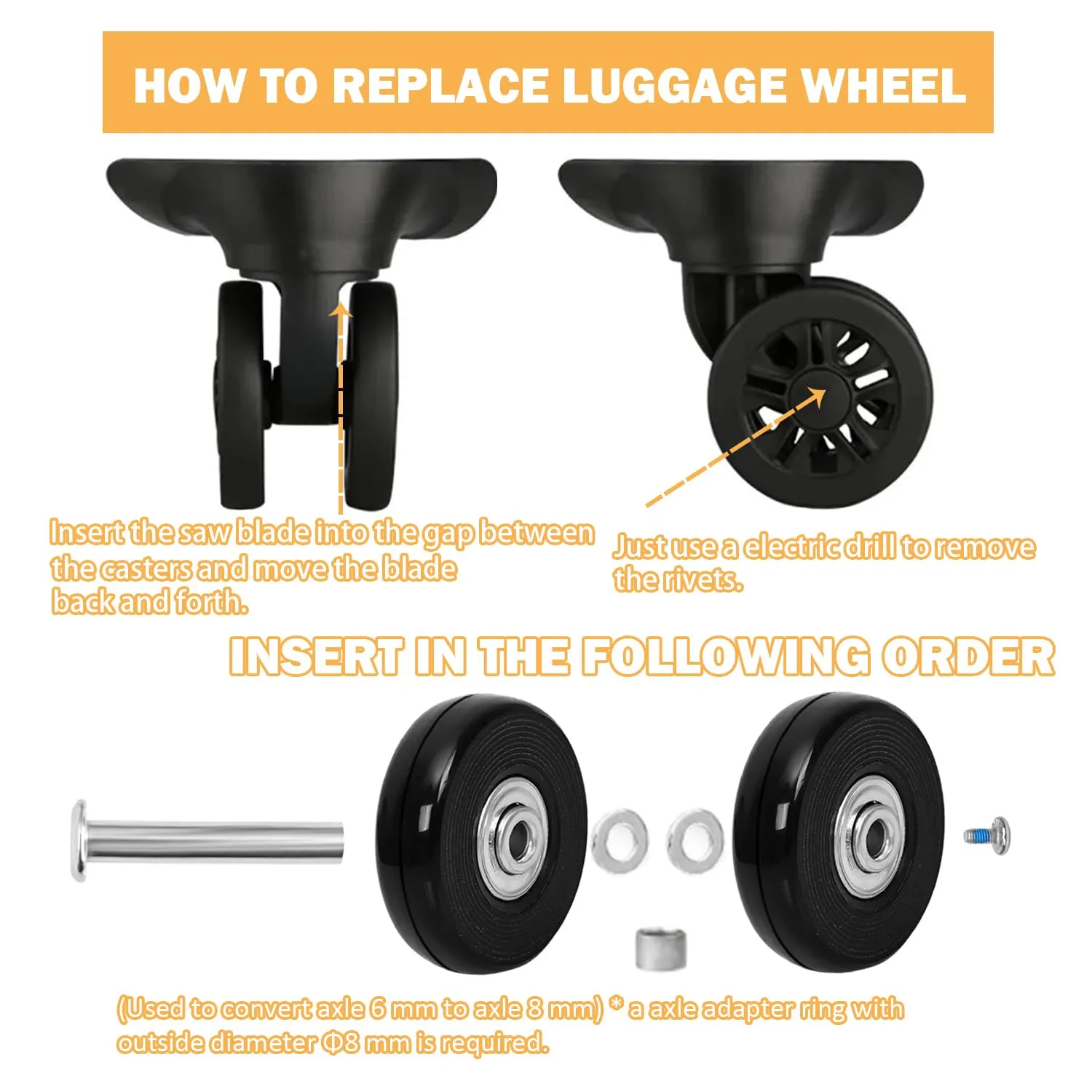 60mm x 14mm/2.36in x 0.55in Luggage Replacement Wheels Set 8Pcs Rubber Swivel Caster Wheels with 50mm Axles and Repair Kit for Luggage Bags Trolley Case