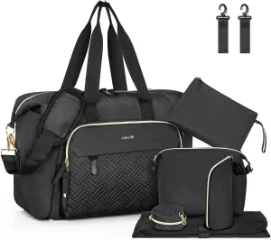 7pcs Diaper Bag Tote, Large Mommy Travel Diaper, Baby Diaper Tote Bag for Mom Hospital Bags Baby Bag, Black