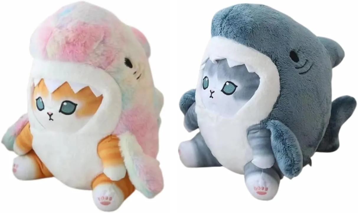 8'' Cute Shark Cat Plush Toy Fried Shrimp Cat Stuffed Animal Plushies Doll,Soft Stuffed Shark Kitten Pillow Christmas Birthday Gifts for Kids Boys Girls (Grey Blue Dazzling Gold)