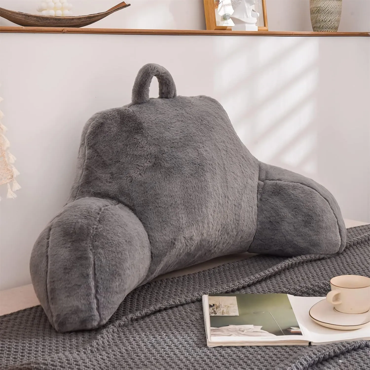 A Nice Night Faux Fur Reading Pillow Bed Wedge Large Adult Children Backrest with Arms Back Support for Sitting Up in Bed/Couch for Bedrest,Gray,Large