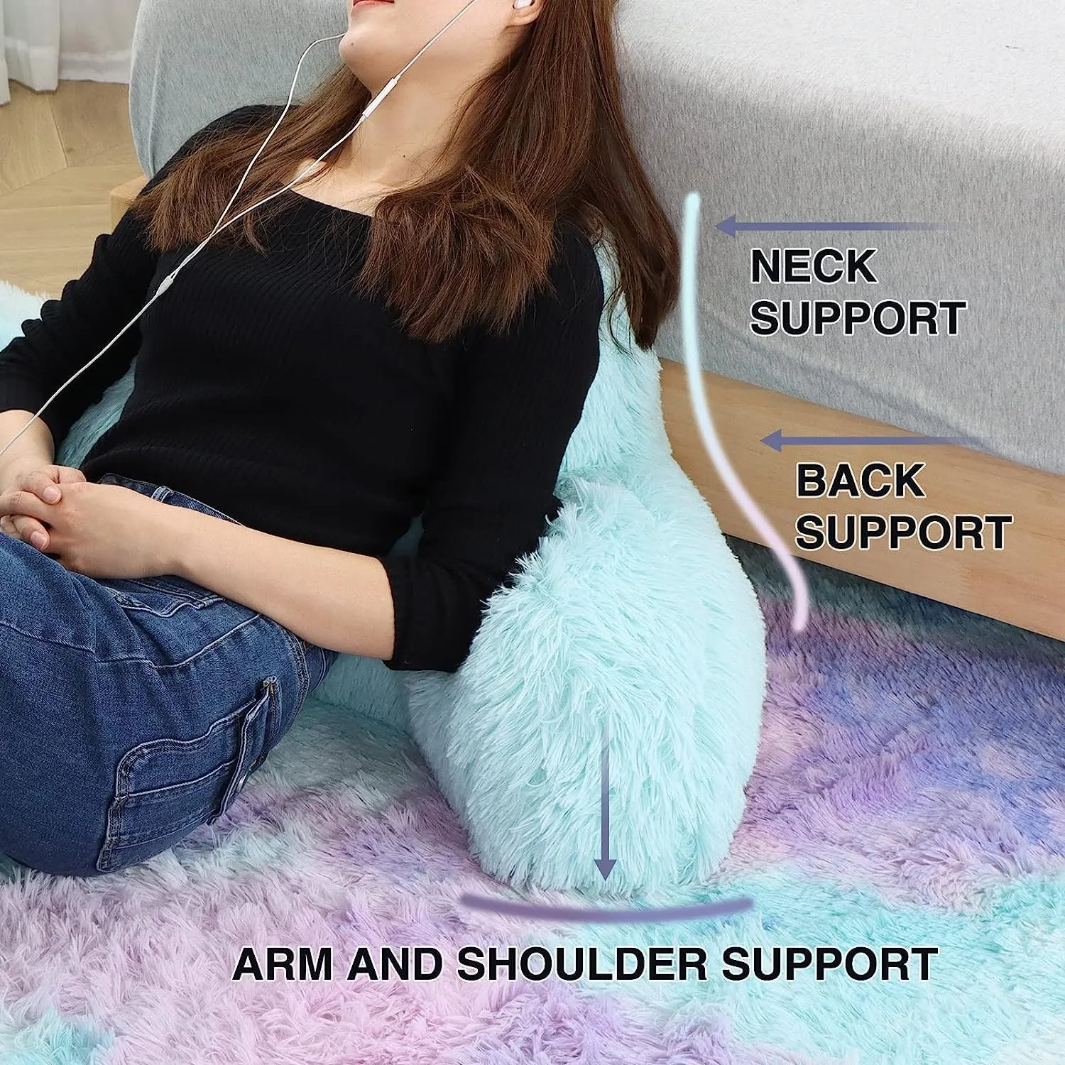 A Nice Night Faux Fur Reading Pillow Bed Wedge Large Adult Children Backrest with Arms Back Support for Sitting Up in Bed/Couch for Bedrest,Gray,Large