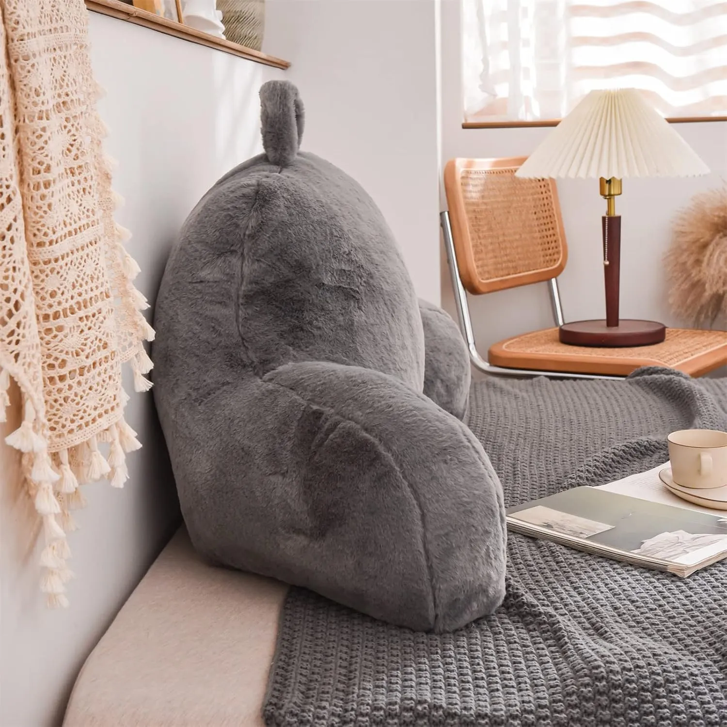 A Nice Night Faux Fur Reading Pillow Bed Wedge Large Adult Children Backrest with Arms Back Support for Sitting Up in Bed/Couch for Bedrest,Gray,Large