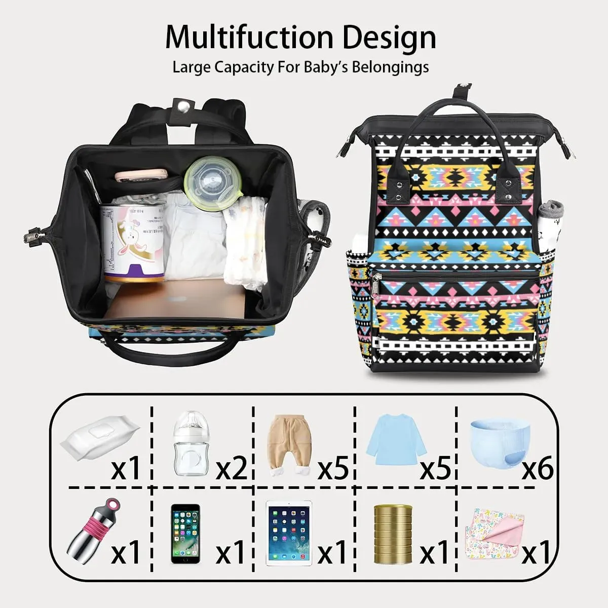Abstract Colorful Ethnic Bohemian Large Diaper Bag Backpack for Mom Dad Travel Casual Diaper Back Pack Tote Waterproof Nappy Changing Bags Baby Maternity Hospital Bag Shoulder Diaper Daypack for Women