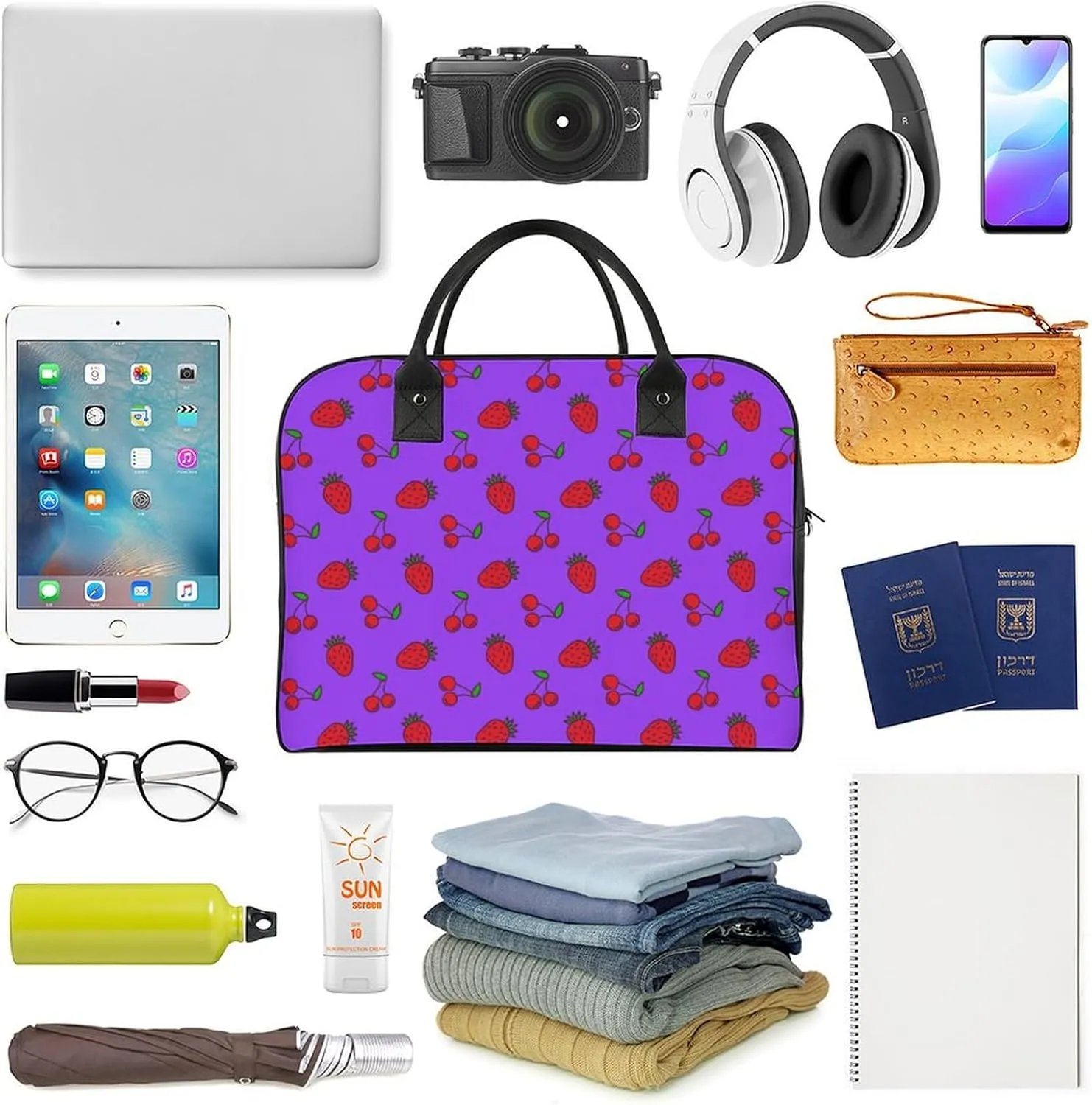 Adults Large Capacity Nylon Berries Patterns Novelty Handbag for Journey 13" X 19" X 8"