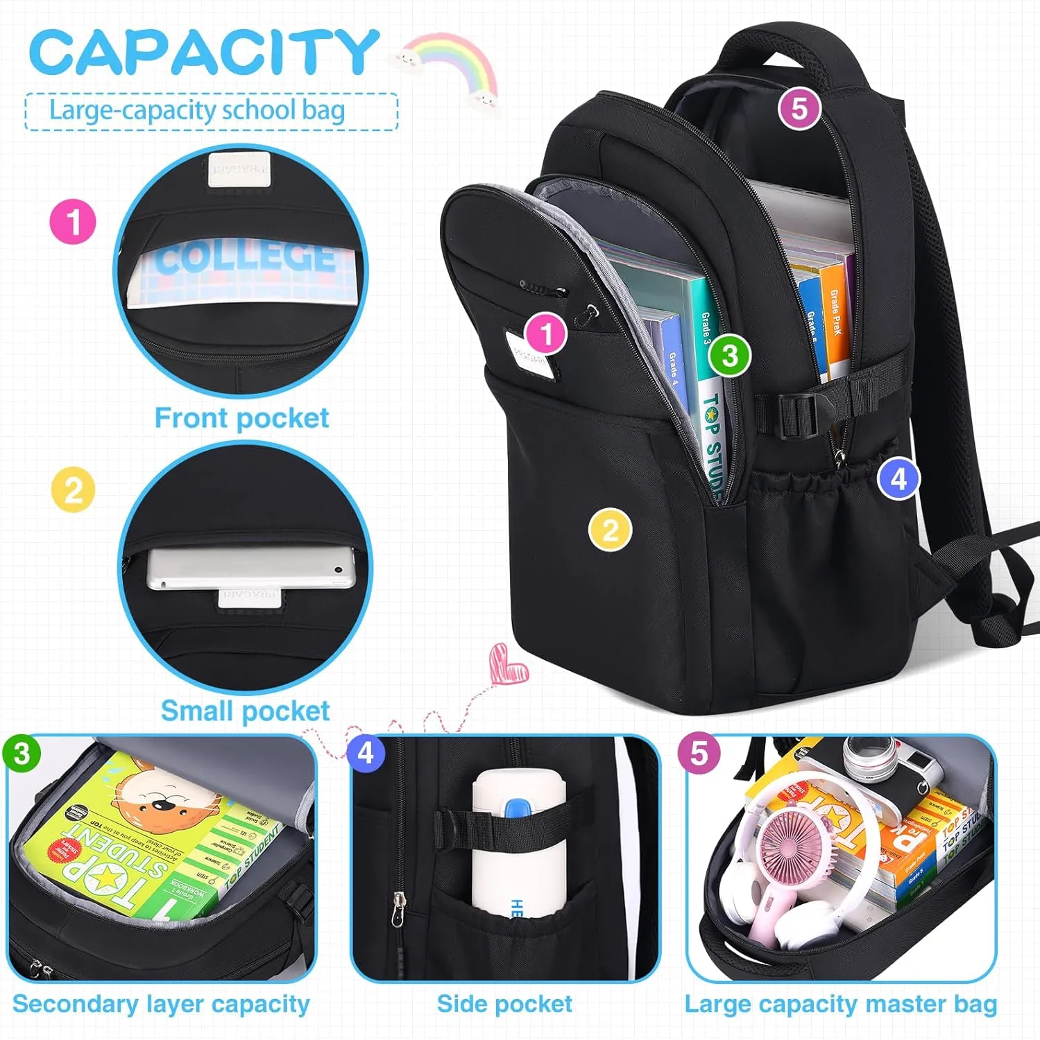 Aesthetic Backpack for School Cute Laptop Black Backpack Teens Girls Travel Casaul Daypack Lightweight Book Bags