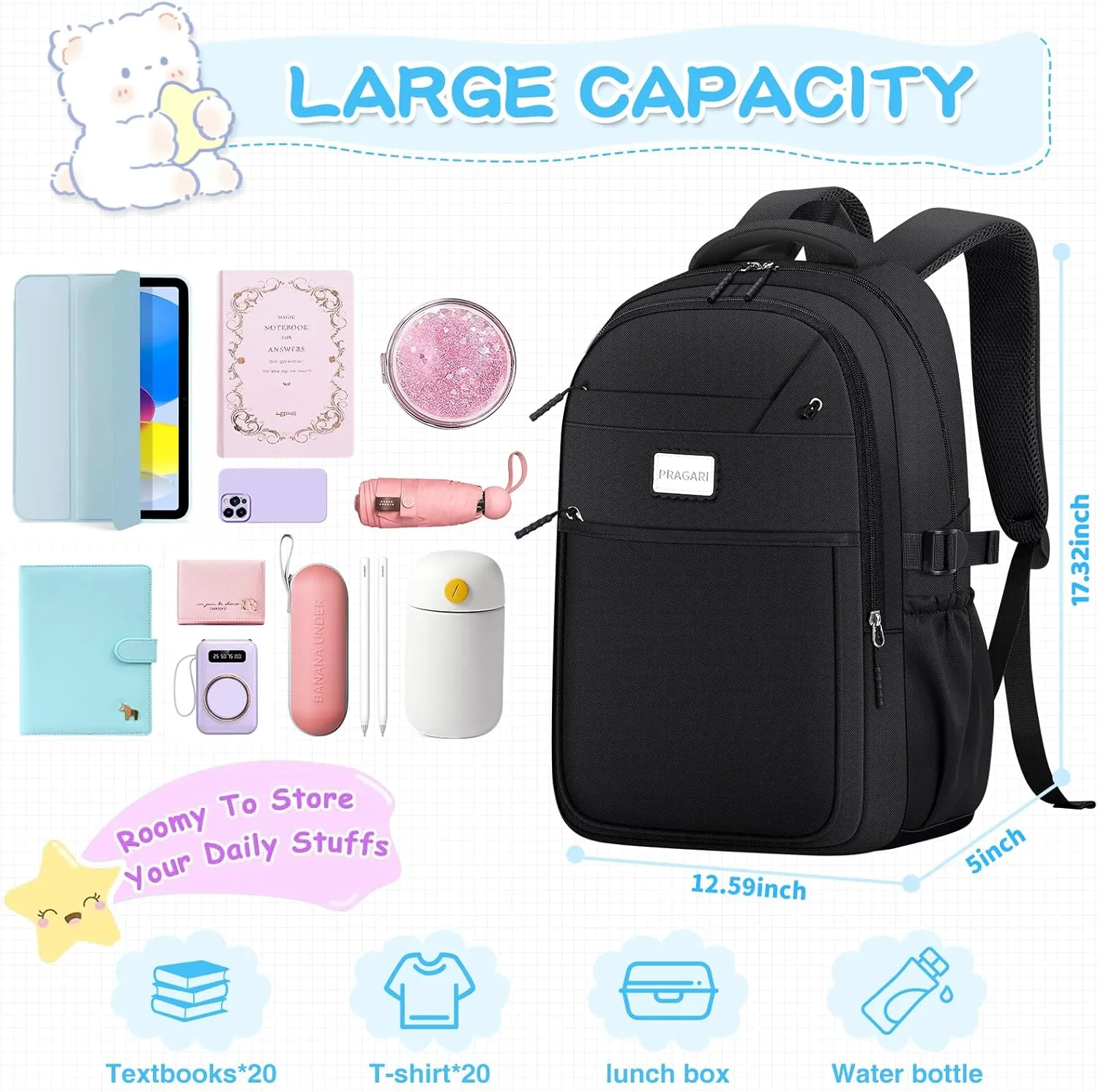 Aesthetic Backpack for School Cute Laptop Black Backpack Teens Girls Travel Casaul Daypack Lightweight Book Bags