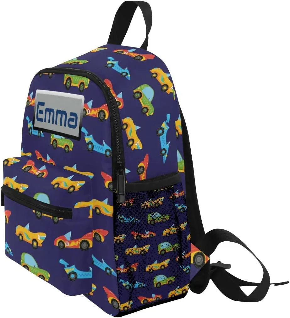 Aflyko Custom Name Kids Backpack Race Car Cartoon Icon Personalized Daycare Nursery Bookbag Kindergarten Daypack for Toddler Girls Boys Travel Bag 10" × 4" × 12"