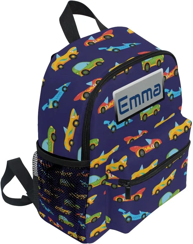 Aflyko Custom Name Kids Backpack Race Car Cartoon Icon Personalized Daycare Nursery Bookbag Kindergarten Daypack for Toddler Girls Boys Travel Bag 10" × 4" × 12"