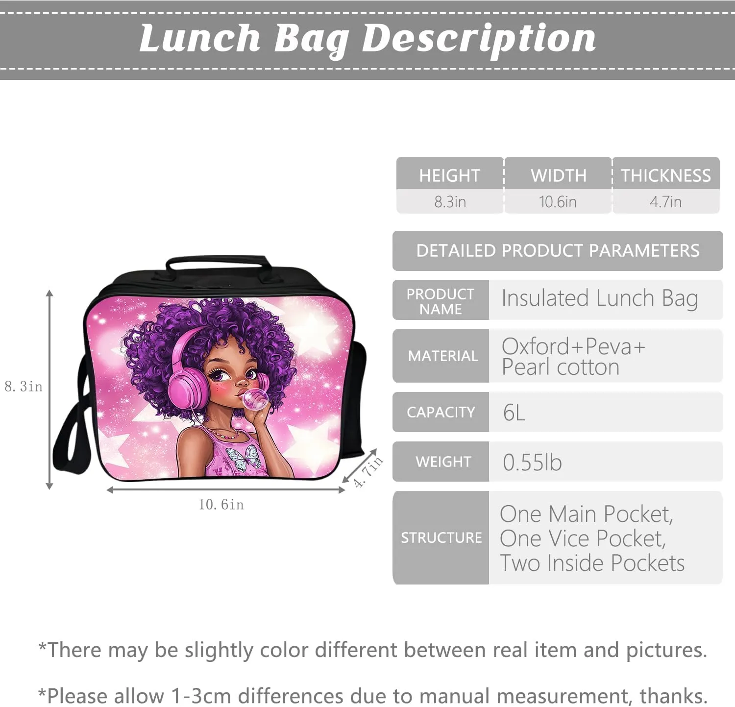 African American Backpack Afro Black Girl Schoolbag with Lunch Box Bag Pencil Bag 3pcs Bookbag Sets for Kids