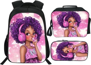 African American Backpack Afro Black Girl Schoolbag with Lunch Box Bag Pencil Bag 3pcs Bookbag Sets for Kids