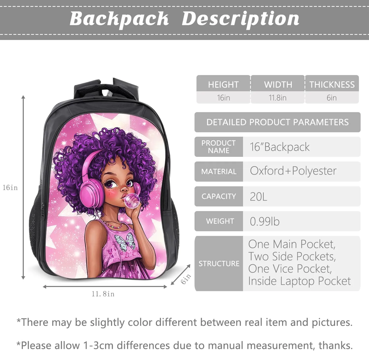 African American Backpack Afro Black Girl Schoolbag with Lunch Box Bag Pencil Bag 3pcs Bookbag Sets for Kids