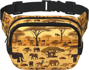African grassland animals Fitness travel shoulder bag, fashionable and casual waist bag, square double-layer waist bag