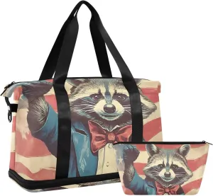 AIXIWAWA American Raccoon Duffel Bag Set with Shoes Compartment Trolley Sleeve Removeable Strap for Workout Travel Gym