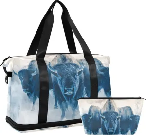 AIXIWAWA Bison Snow Duffel Bags Set with Shoes Compartment Trolley Sleeve Removeable Strap for Workout Travel Gym