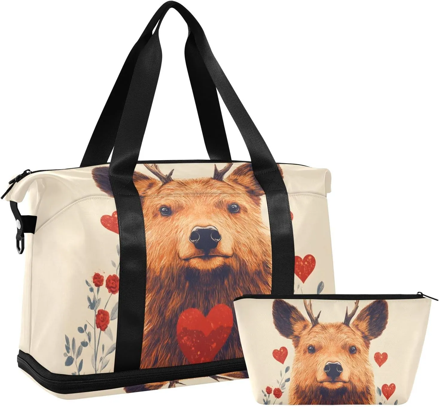 AIXIWAWA Cute Deer Heart Duffel Bags Set with Shoes Compartment Trolley Sleeve Removeable Strap for Workout Travel Gym