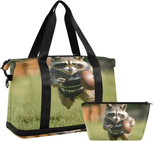 AIXIWAWA Football Player Raccoon Duffel Bags Set with Shoes Compartment Trolley Sleeve Removeable Strap for Workout Travel Gym