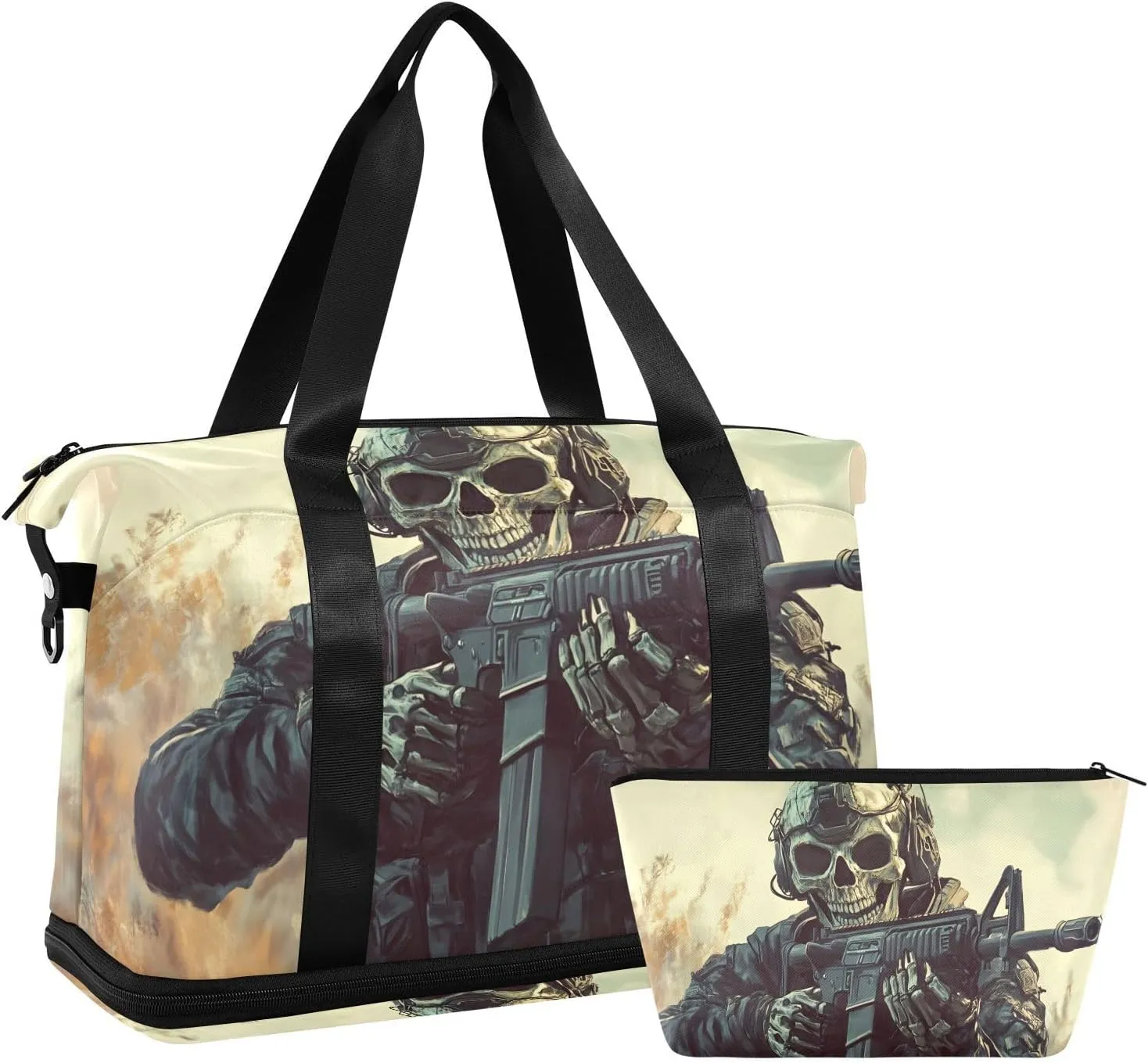 AIXIWAWA Modern Soldier Skull Duffel Bags Set with Shoes Compartment Trolley Sleeve Removeable Strap for Workout Travel Gym