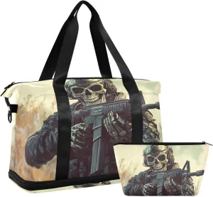 AIXIWAWA Modern Soldier Skull Duffel Bags Set with Shoes Compartment Trolley Sleeve Removeable Strap for Workout Travel Gym