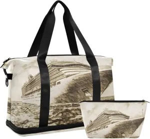 AIXIWAWA Sketch Ship Duffel Bags Set with Shoes Compartment Trolley Sleeve Removeable Strap for Workout Travel Gym