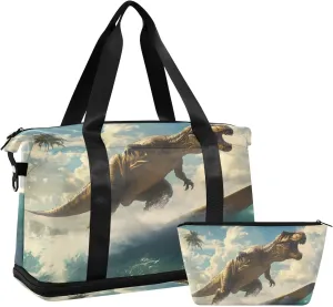 AIXIWAWA Surfing Dinosaur Duffel Bags Set with Shoes Compartment Trolley Sleeve Removeable Strap for Workout Travel Gym