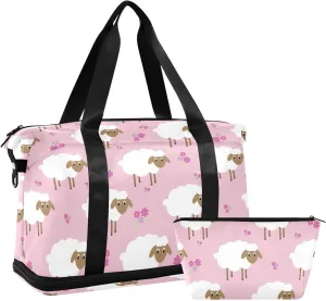 ALAZA Funny Cute Sheep on A Pink Floral Travel Duffel Bag for Women Men Sports Gym Bag with Shoe Compartment Tote Weekender Overnight Bag with Wet Pocket for Travel, Gym,Yoga,Swimming