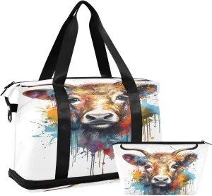 ALAZA Scotland Cattle Highland Cow Watercolor Travel Duffel Bag for Women Men Sports Gym Bag with Shoe Compartment Tote Weekender Overnight Bag with Wet Pocket for Travel, Gym,Yoga,Swimming