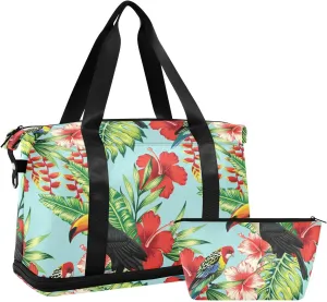 ALAZA Tropic Hibiscus Flower Parrot Toucan Bird Travel Duffel Bag for Women Men Sports Gym Bag with Shoe Compartment Tote Weekender Overnight Bag with Wet Pocket for Travel, Gym,Yoga,Swimming
