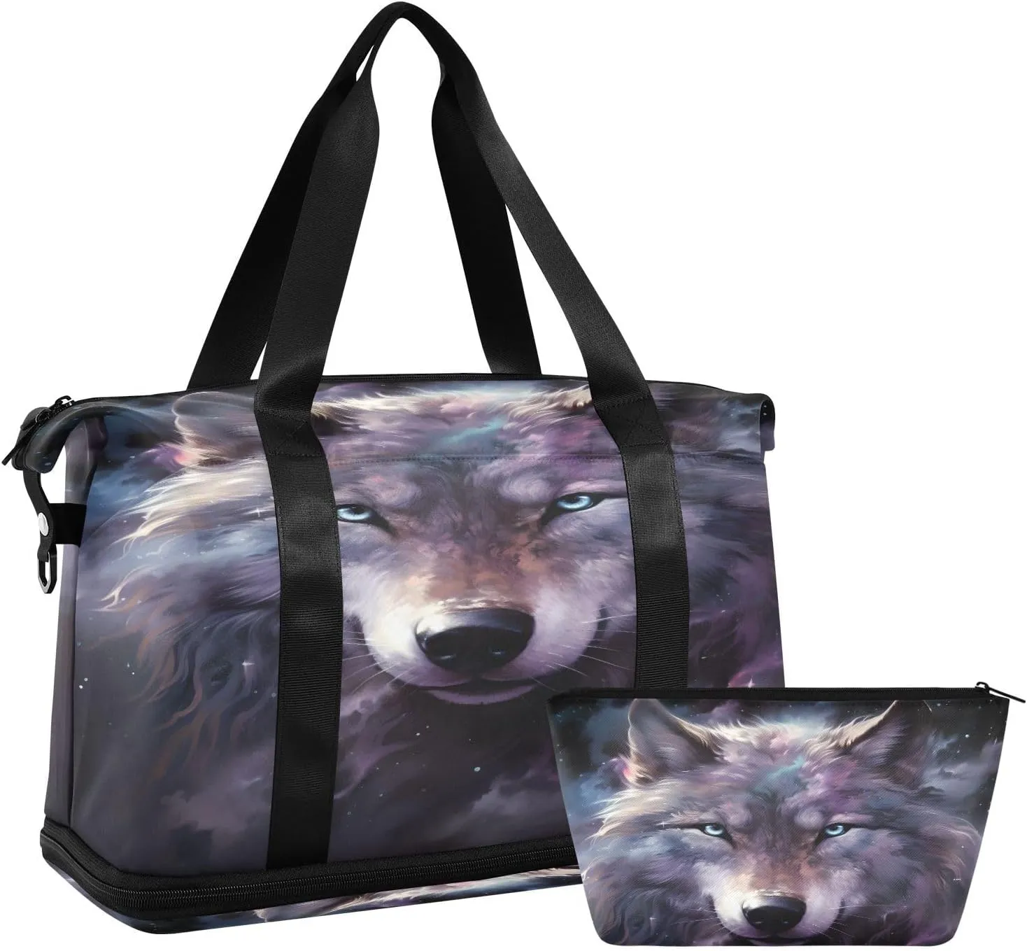 ALAZA Wolf Portrait with Galaxy Travel Duffel Bag for Women Men Sports Gym Bag with Shoe Compartment Tote Weekender Overnight Bag with Wet Pocket for Travel, Gym,Yoga,Swimming