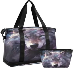 ALAZA Wolf Portrait with Galaxy Travel Duffel Bag for Women Men Sports Gym Bag with Shoe Compartment Tote Weekender Overnight Bag with Wet Pocket for Travel, Gym,Yoga,Swimming