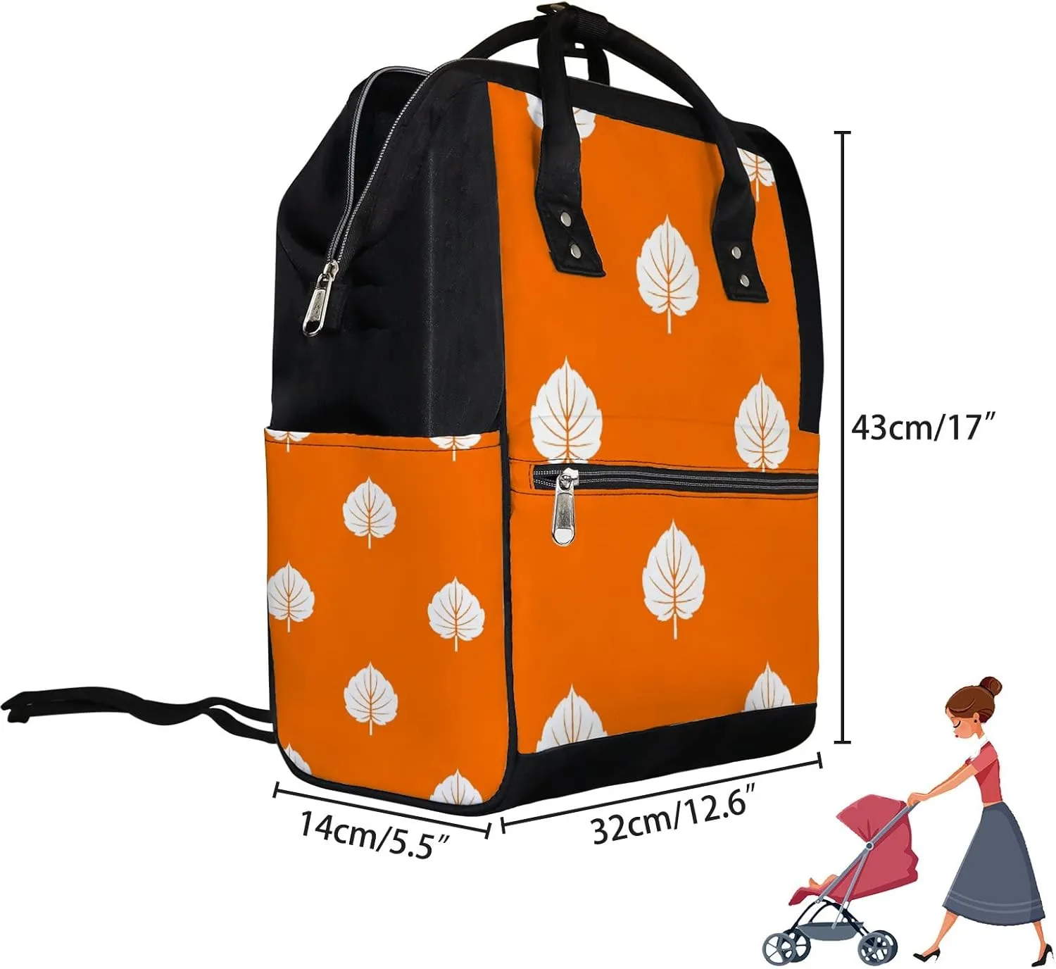 Alder Leaf Pattern Orange Diaper Bag Backpack Waterproof Backpack Baby Nappy Changing Bag for Travel Large Capacity Durable and Stylish for Woman