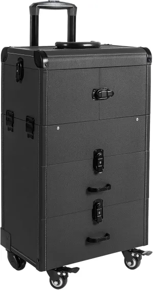 ﻿Aluminum Rolling Makeup Train Case, 4 in 1 Large Capacity Trolley Makeup Travel Case with Key Swivel Wheels Salon Barber Case Traveling Cart Trunk - Black (Black)