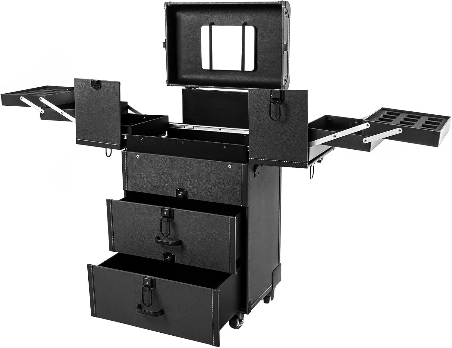 ﻿Aluminum Rolling Makeup Train Case, 4 in 1 Large Capacity Trolley Makeup Travel Case with Key Swivel Wheels Salon Barber Case Traveling Cart Trunk - Black (Black)