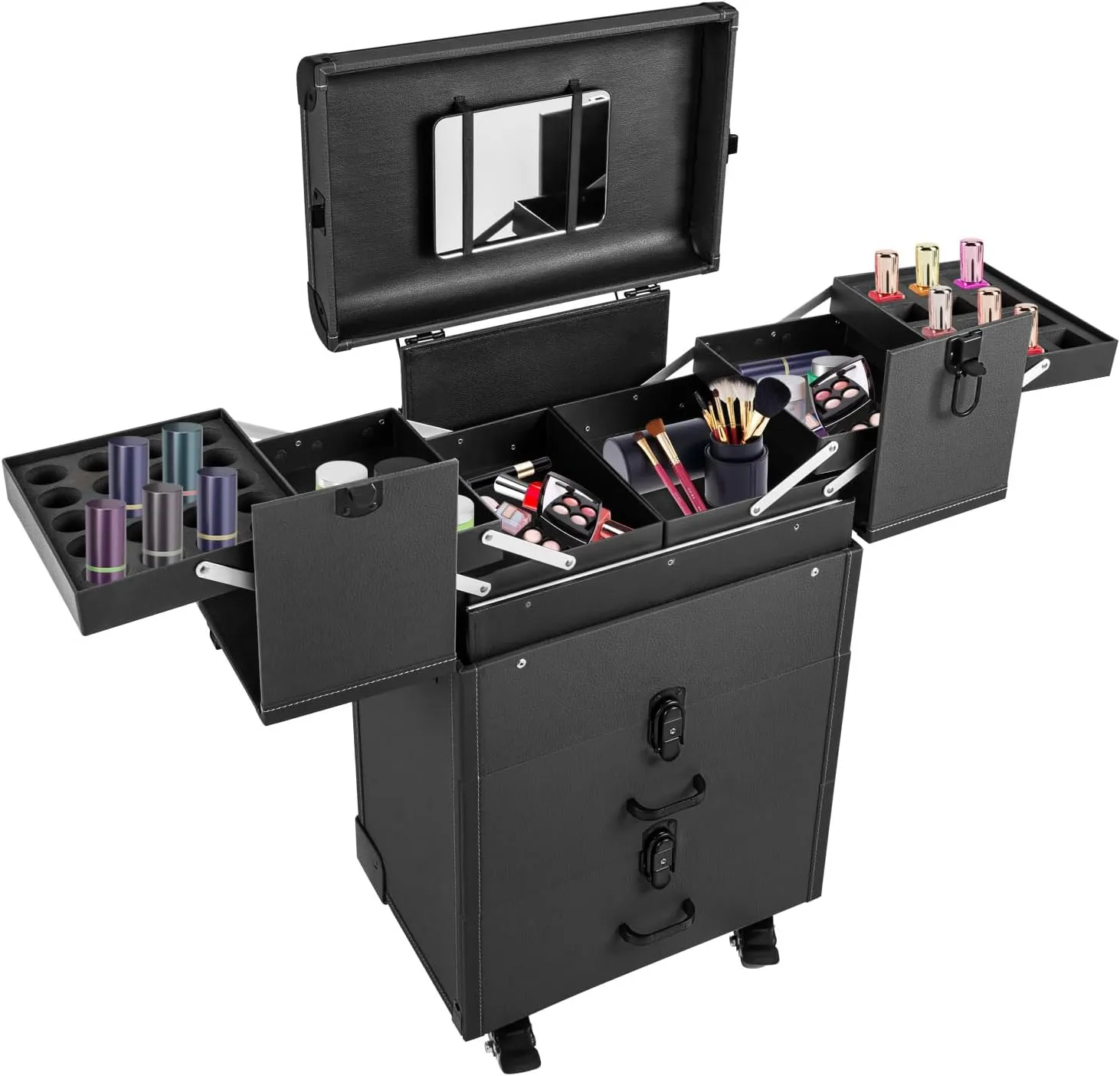 ﻿Aluminum Rolling Makeup Train Case, 4 in 1 Large Capacity Trolley Makeup Travel Case with Key Swivel Wheels Salon Barber Case Traveling Cart Trunk - Black (Black)