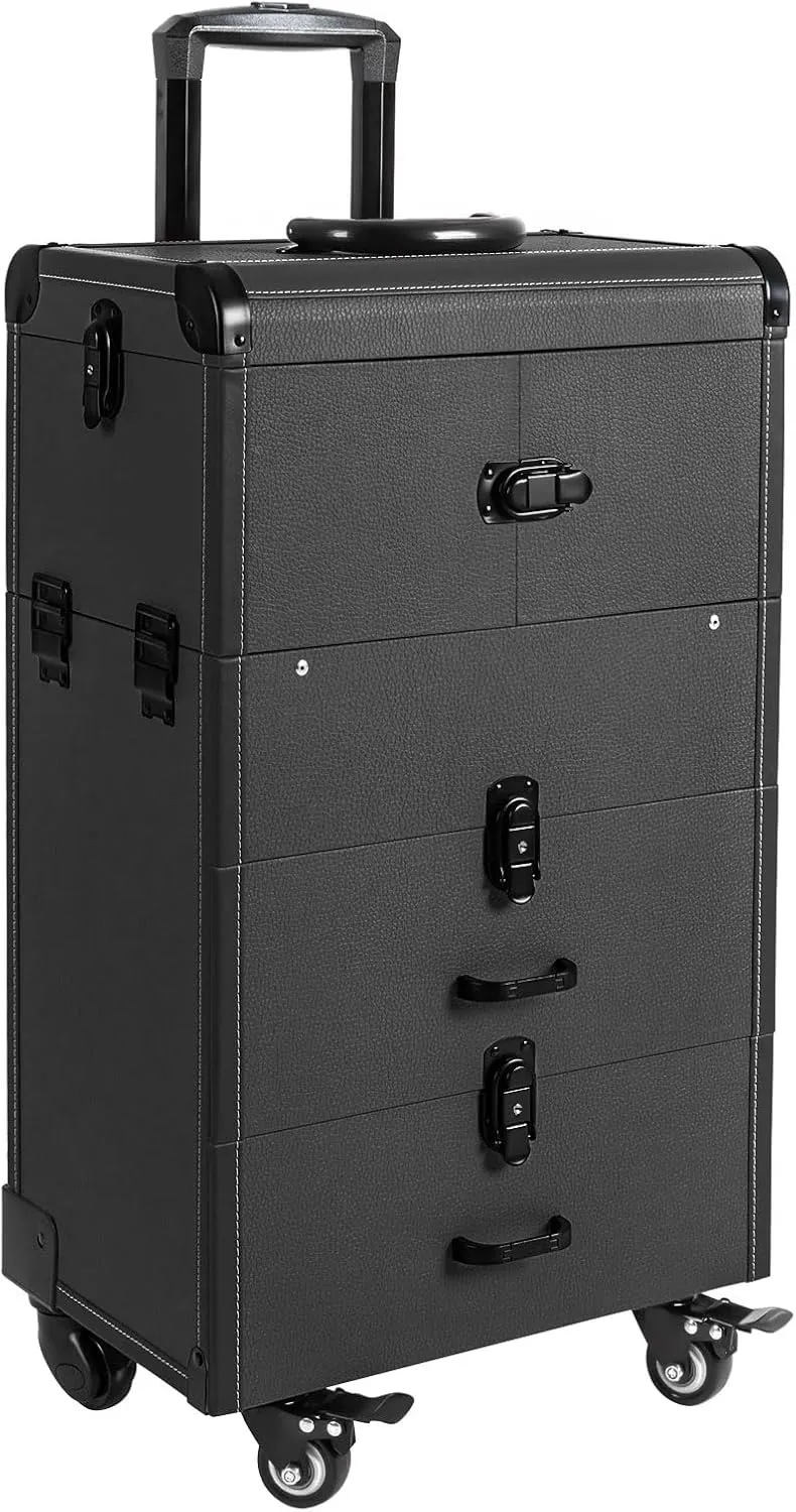 ﻿Aluminum Rolling Makeup Train Case, 4 in 1 Large Capacity Trolley Makeup Travel Case with Key Swivel Wheels Salon Barber Case Traveling Cart Trunk - Black (Black)