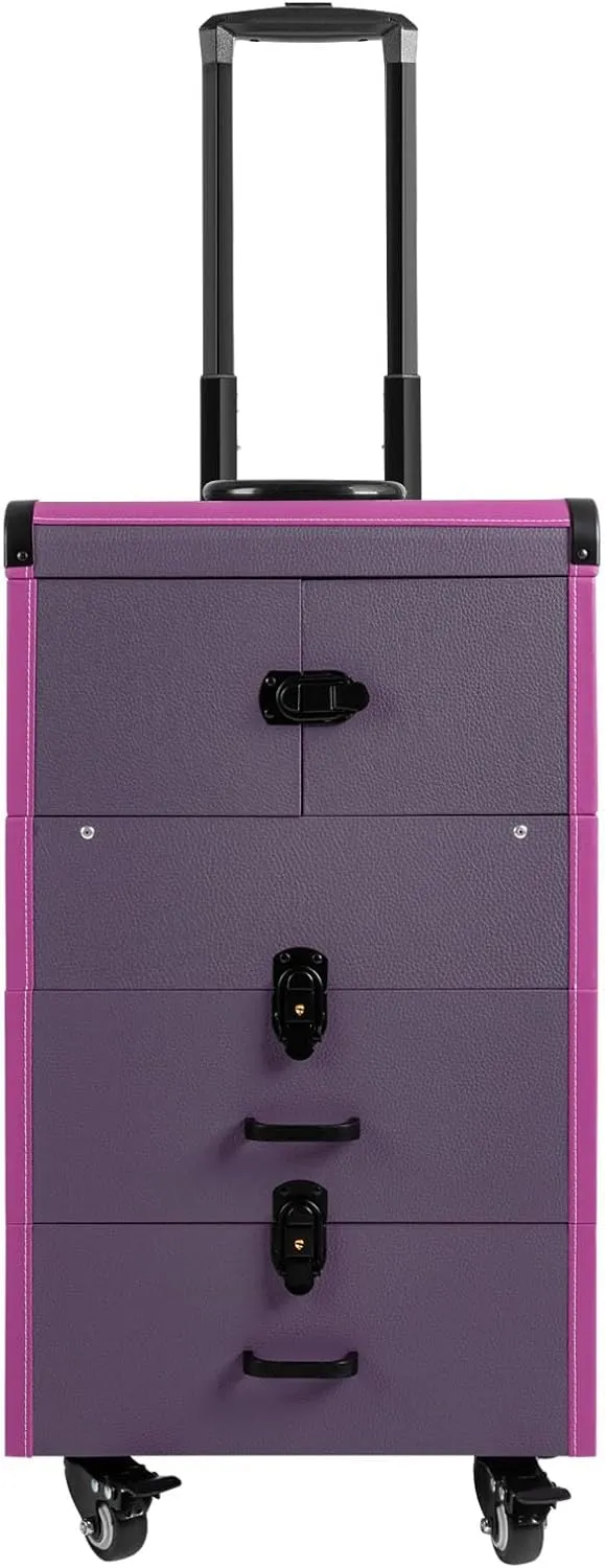 ﻿Aluminum Rolling Makeup Train Case, 4 in 1 Large Capacity Trolley Makeup Travel Case with Key Swivel Wheels Salon Barber Case Traveling Cart Trunk - Black (Purple)