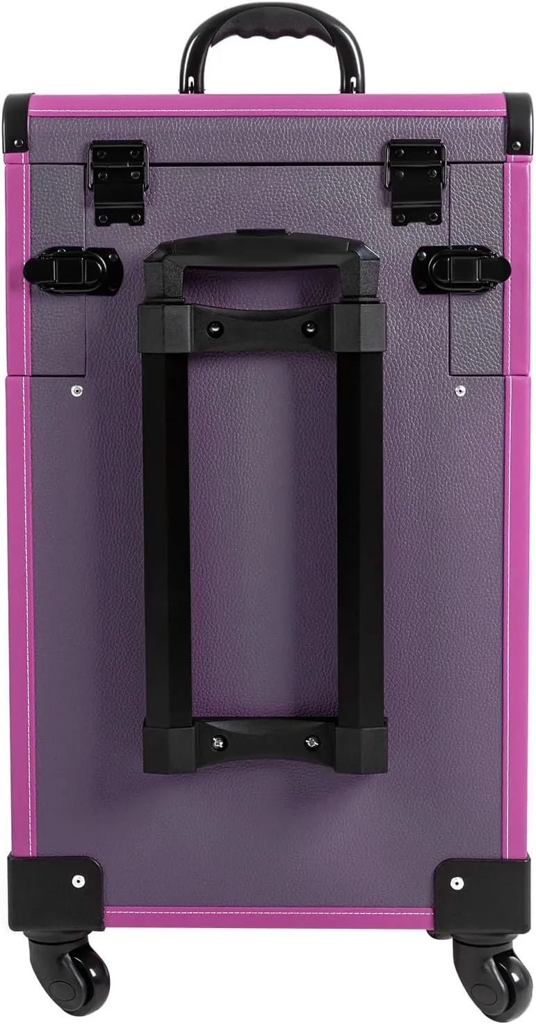 ﻿Aluminum Rolling Makeup Train Case, 4 in 1 Large Capacity Trolley Makeup Travel Case with Key Swivel Wheels Salon Barber Case Traveling Cart Trunk - Black (Purple)