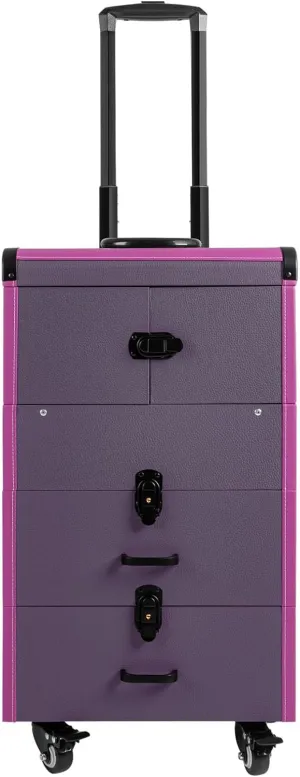 ﻿Aluminum Rolling Makeup Train Case, 4 in 1 Large Capacity Trolley Makeup Travel Case with Key Swivel Wheels Salon Barber Case Traveling Cart Trunk - Black (Purple)