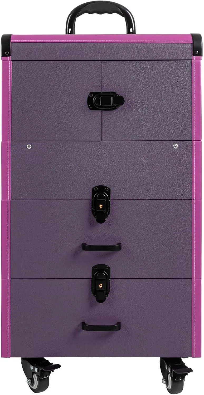 ﻿Aluminum Rolling Makeup Train Case, 4 in 1 Large Capacity Trolley Makeup Travel Case with Key Swivel Wheels Salon Barber Case Traveling Cart Trunk - Black (Purple)