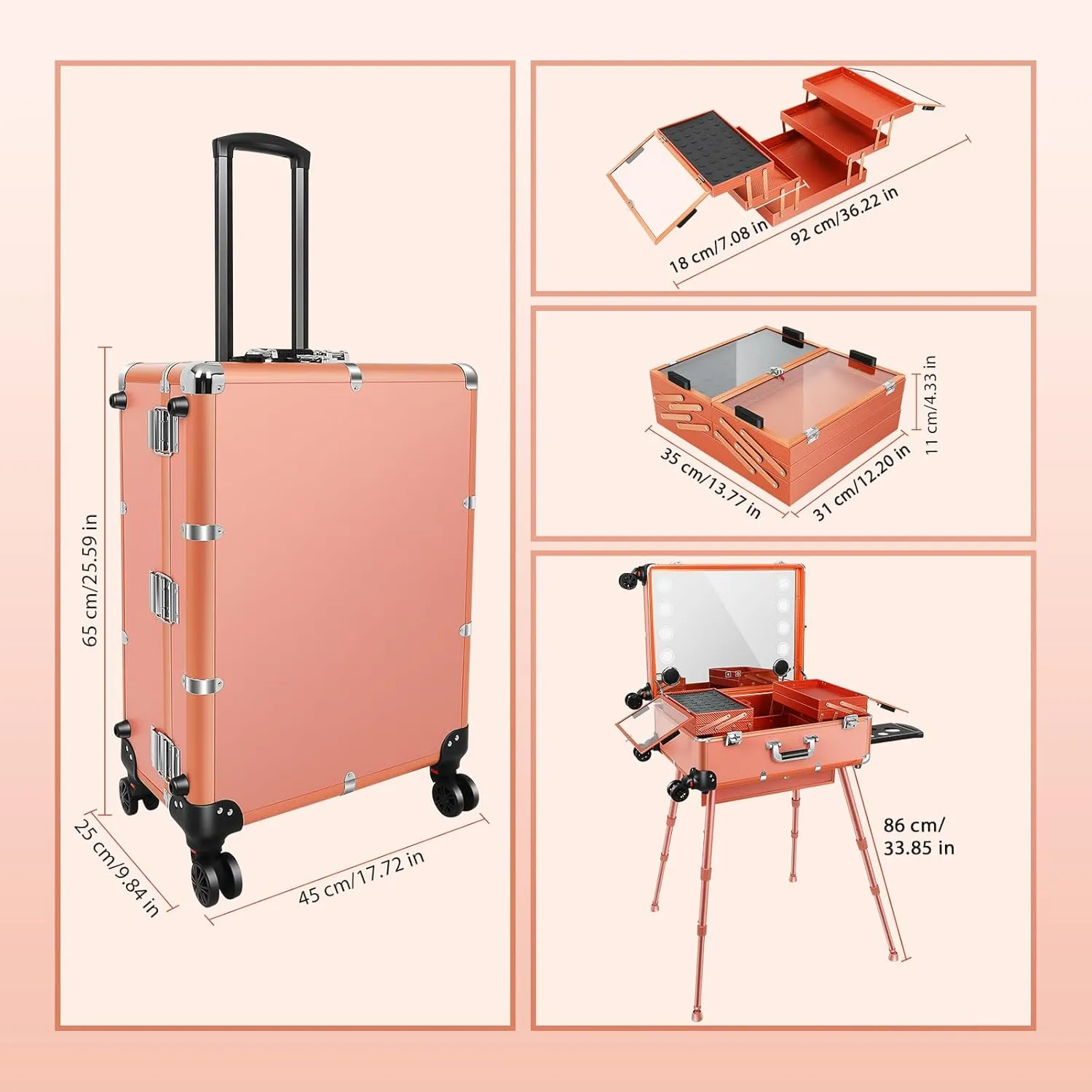 Aluminum Trolley Makeup Train Case with Led Light Rolling Makeup Case with Legs Suitcase Vanity with Lights with Stand Mirror Makeup Vanity Station