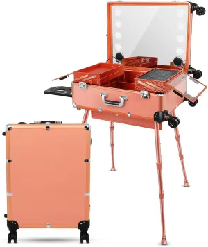 Aluminum Trolley Makeup Train Case with Led Light Rolling Makeup Case with Legs Suitcase Vanity with Lights with Stand Mirror Makeup Vanity Station