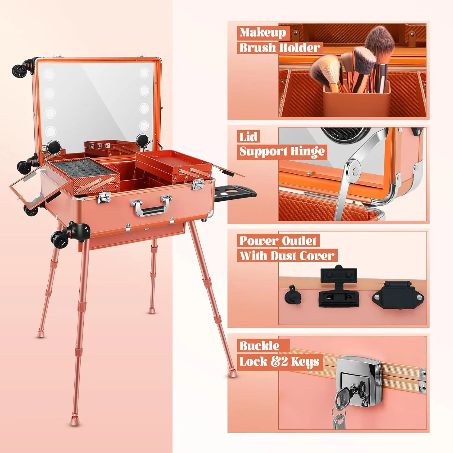 Aluminum Trolley Makeup Train Case with Led Light Rolling Makeup Case with Legs Suitcase Vanity with Lights with Stand Mirror Makeup Vanity Station
