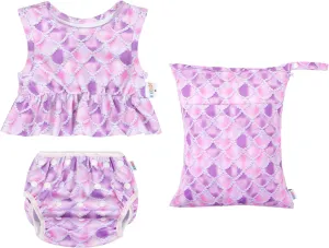 ALVABABY Baby Reusable Swim Diaper with Matching Top,Girl Swimsuit with Waterproof Wet Dry Bag,Sleeveless Tankini Swimwear