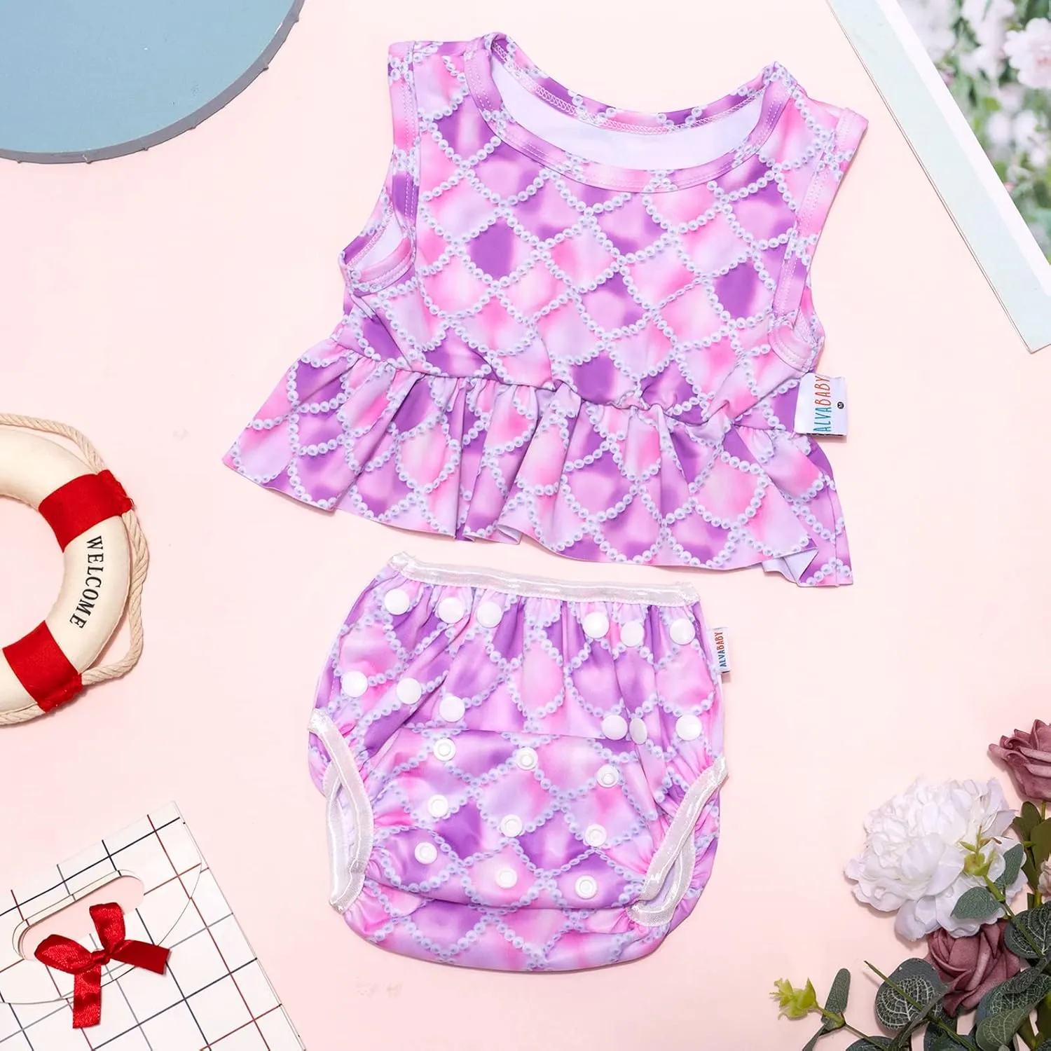 ALVABABY Baby Reusable Swim Diaper with Matching Top,Girl Swimsuit with Waterproof Wet Dry Bag,Sleeveless Tankini Swimwear
