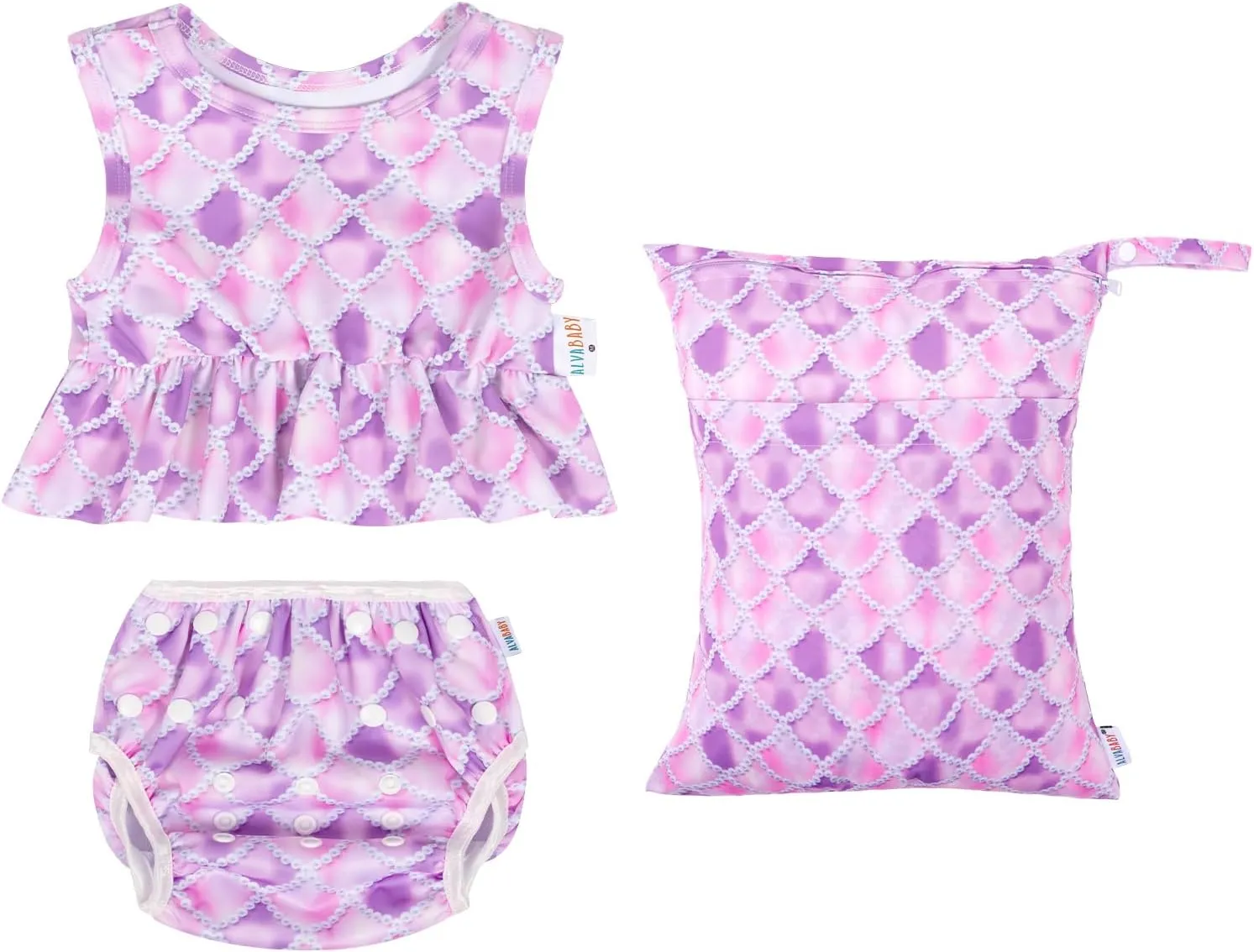 ALVABABY Baby Reusable Swim Diaper with Matching Top,Girl Swimsuit with Waterproof Wet Dry Bag,Sleeveless Tankini Swimwear