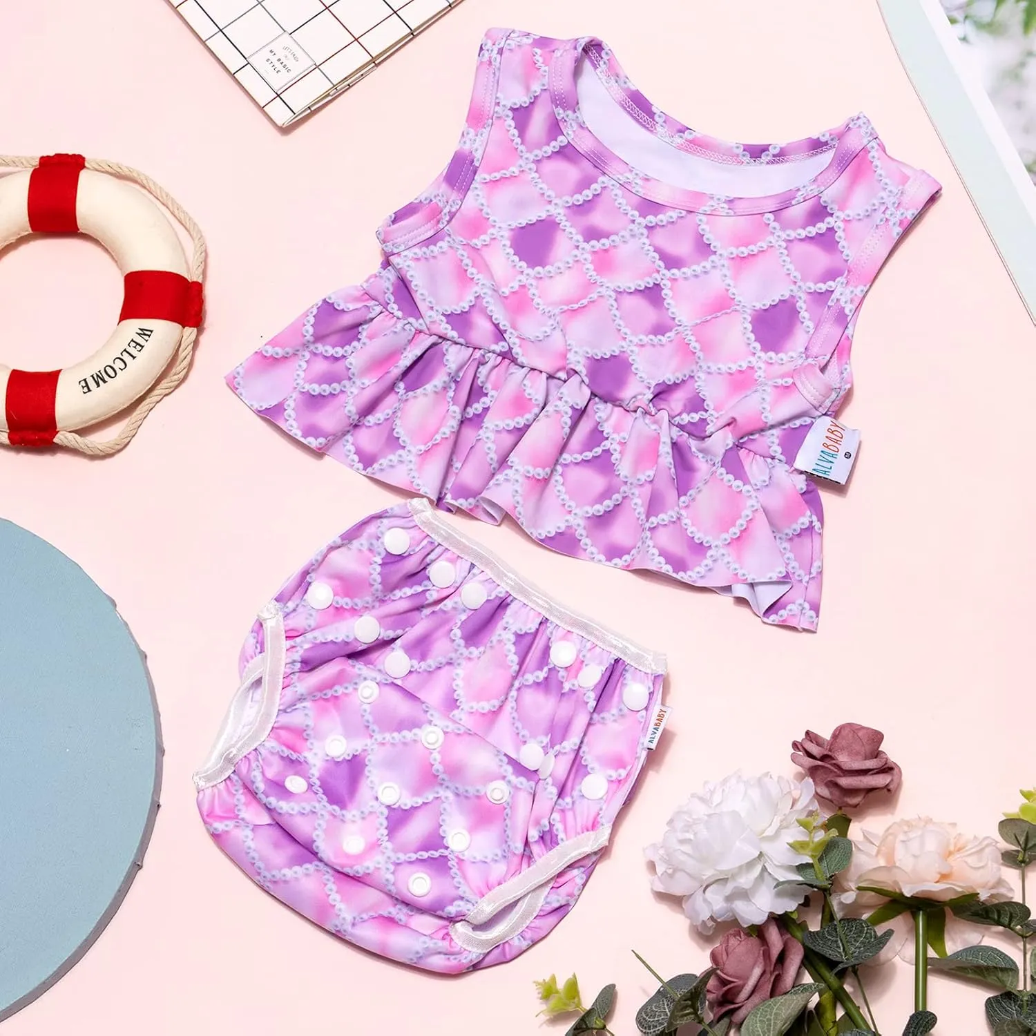 ALVABABY Baby Reusable Swim Diaper with Matching Top,Girl Swimsuit with Waterproof Wet Dry Bag,Sleeveless Tankini Swimwear